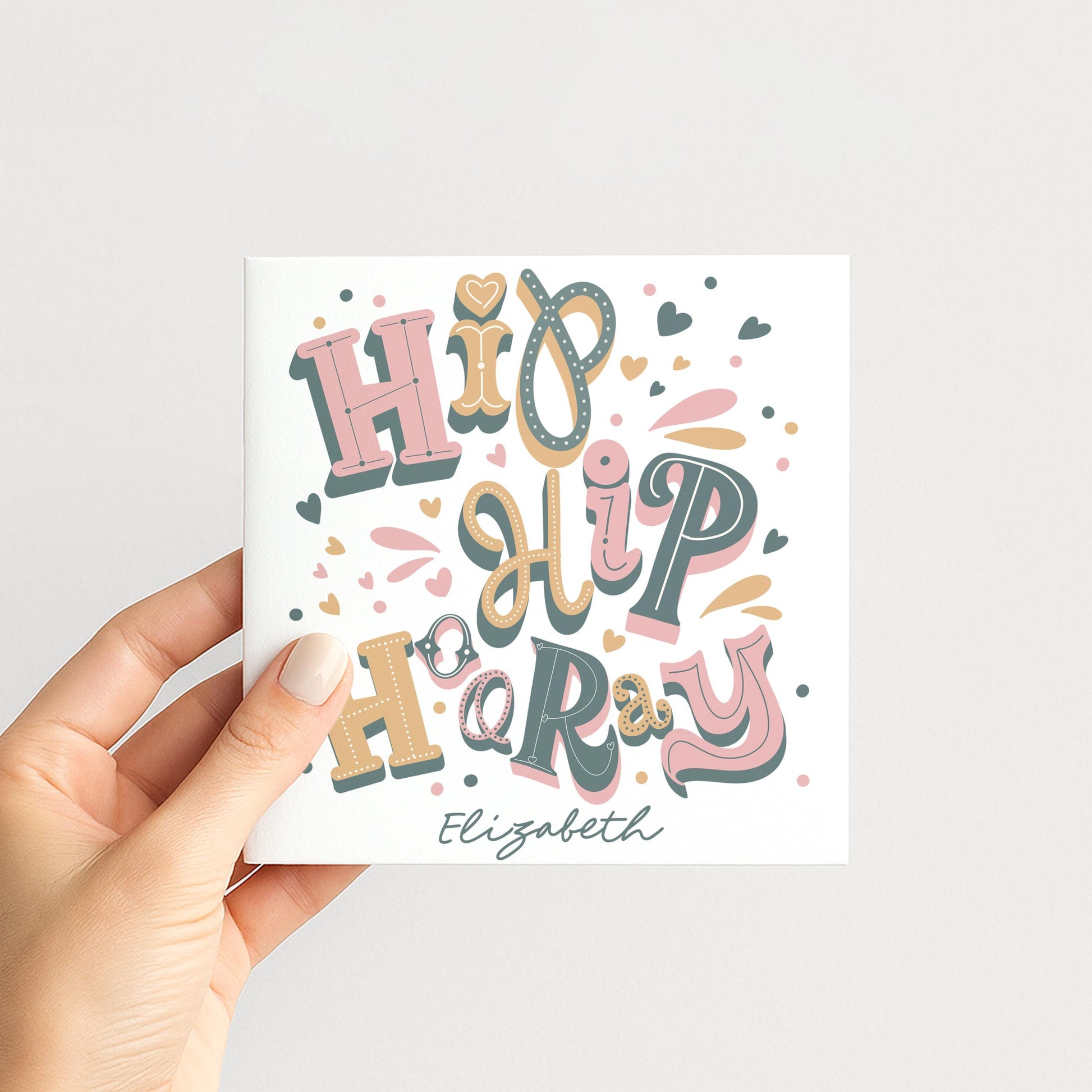 Personalised Hip Hip Hooray Birthday Card, Custom Name Birthday Card, Colourful Modern Typography Card, Fun Birthday Card For Her