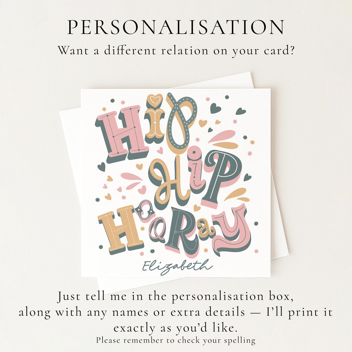 Personalised Hip Hip Hooray Birthday Card, Custom Name Birthday Card, Colourful Modern Typography Card, Fun Birthday Card For Her