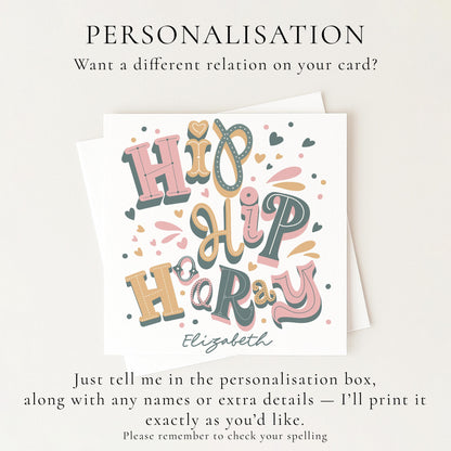 Personalised Hip Hip Hooray Birthday Card, Custom Name Birthday Card, Colourful Modern Typography Card, Fun Birthday Card For Her