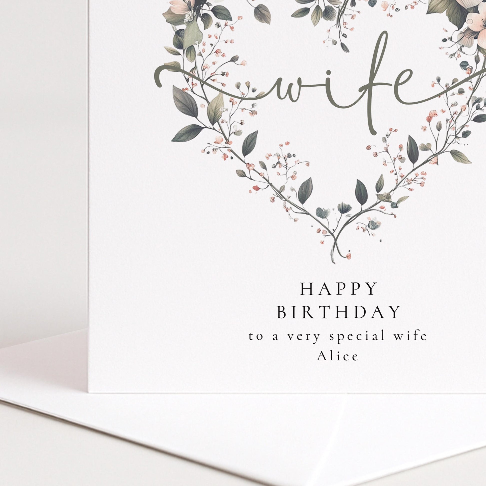 Wife Birthday Card, Happy Birthday to My Wife Card, Floral Heart Birthday Card for Wife, Elegant Personalised Wife Card