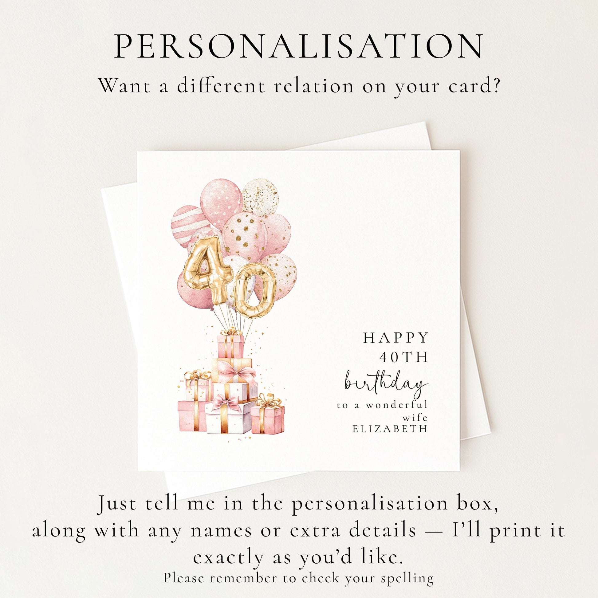 40th Birthday Card for Wife, Personalised 40th Birthday Wife Card, Happy 40th Birthday Card, Pink Balloon Birthday Card