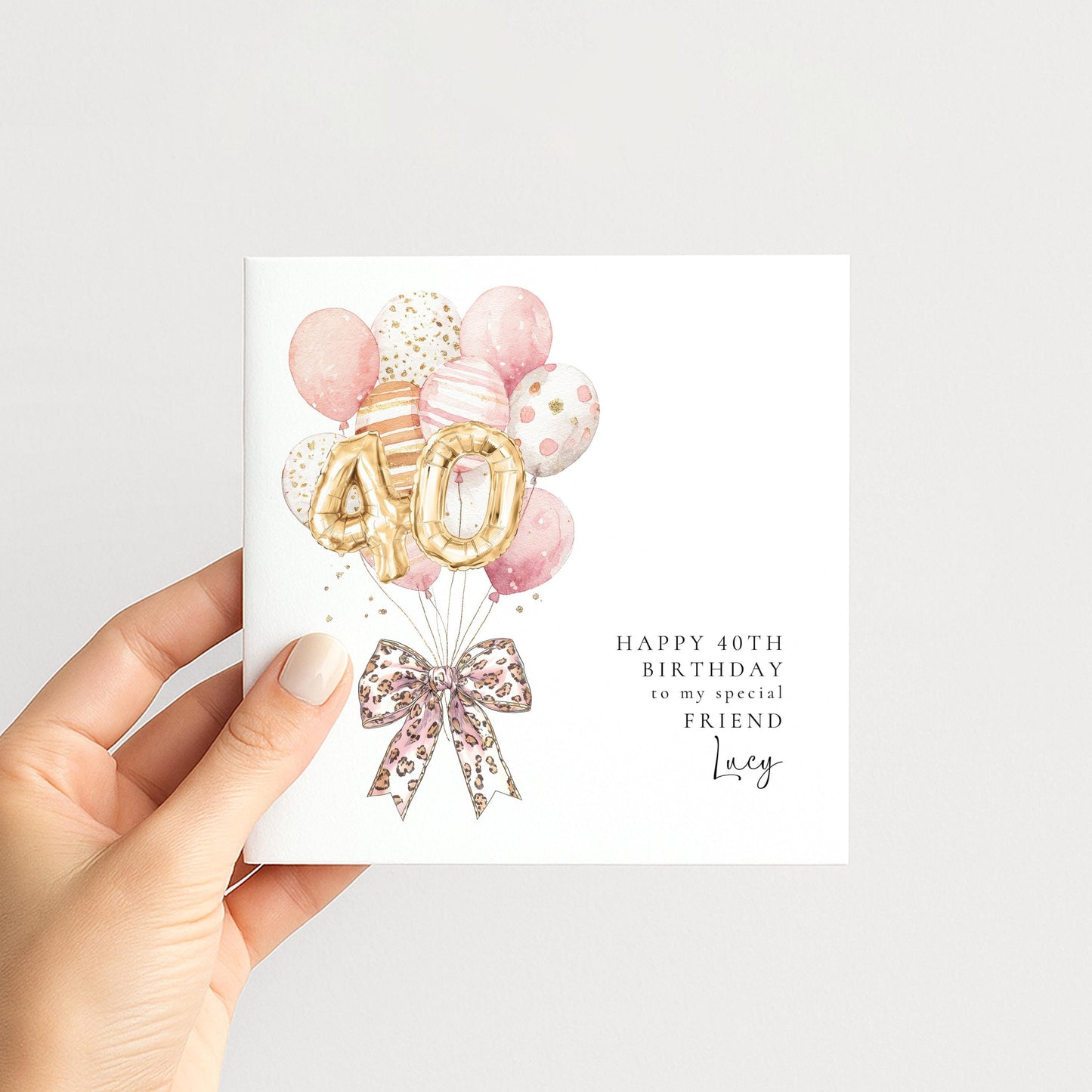 Personalised 40th Happy Birthday Card for Friend, Sister or Niece with Leopard Print Bow and Pink and Gold Balloons