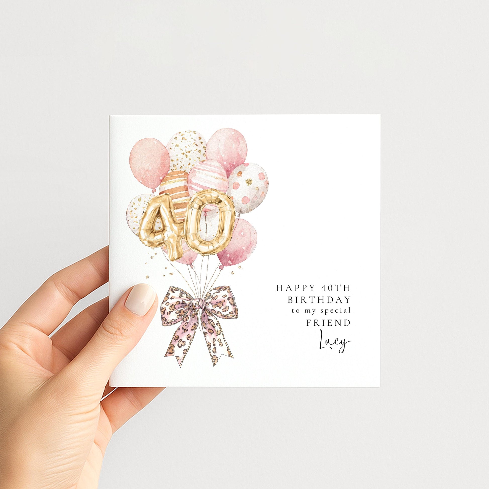 Personalised 40th Happy Birthday Card for Friend, Sister or Niece with Leopard Print Bow and Pink and Gold Balloons