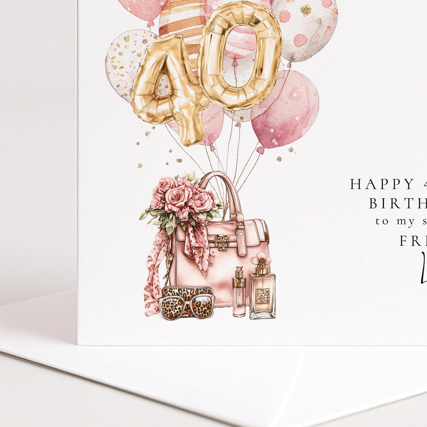 Personalised 40th Happy Birthday Card for Her Friend, Sister or Niece with Gold Numbers and Pink and Gold Balloons