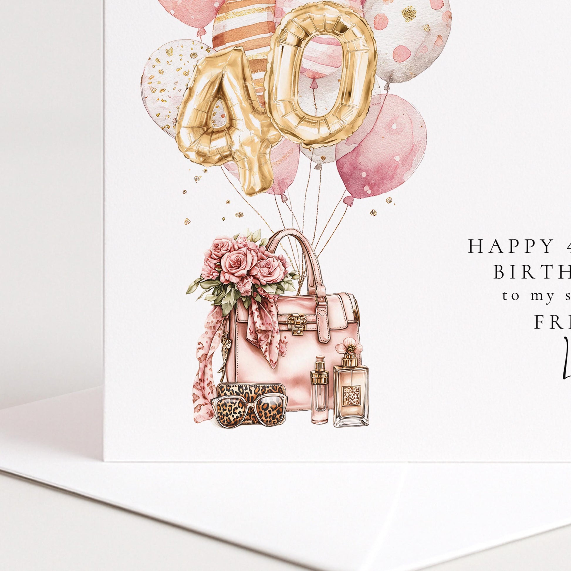 Personalised 40th Happy Birthday Card for Her Friend, Sister or Niece with Gold Numbers and Pink and Gold Balloons
