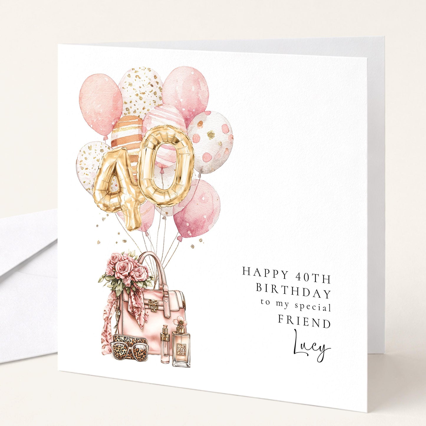 Personalised 40th Happy Birthday Card for Her Friend, Sister or Niece with Gold Numbers and Pink and Gold Balloons