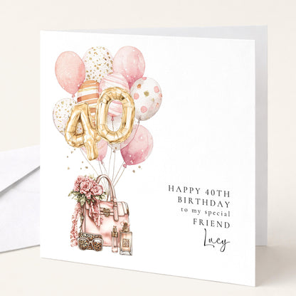 Personalised 40th Happy Birthday Card for Her Friend, Sister or Niece with Gold Numbers and Pink and Gold Balloons