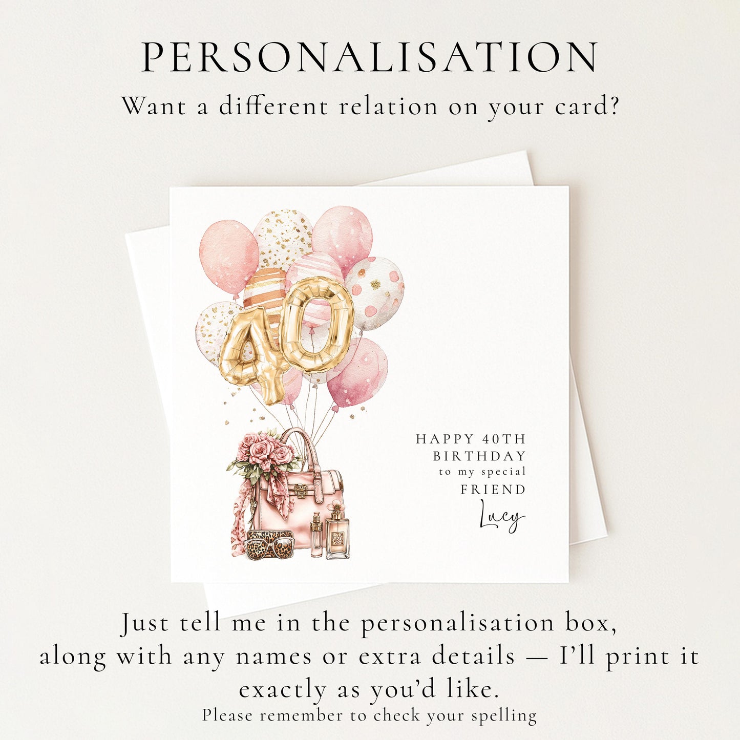 Personalised 40th Happy Birthday Card for Her Friend, Sister or Niece with Gold Numbers and Pink and Gold Balloons