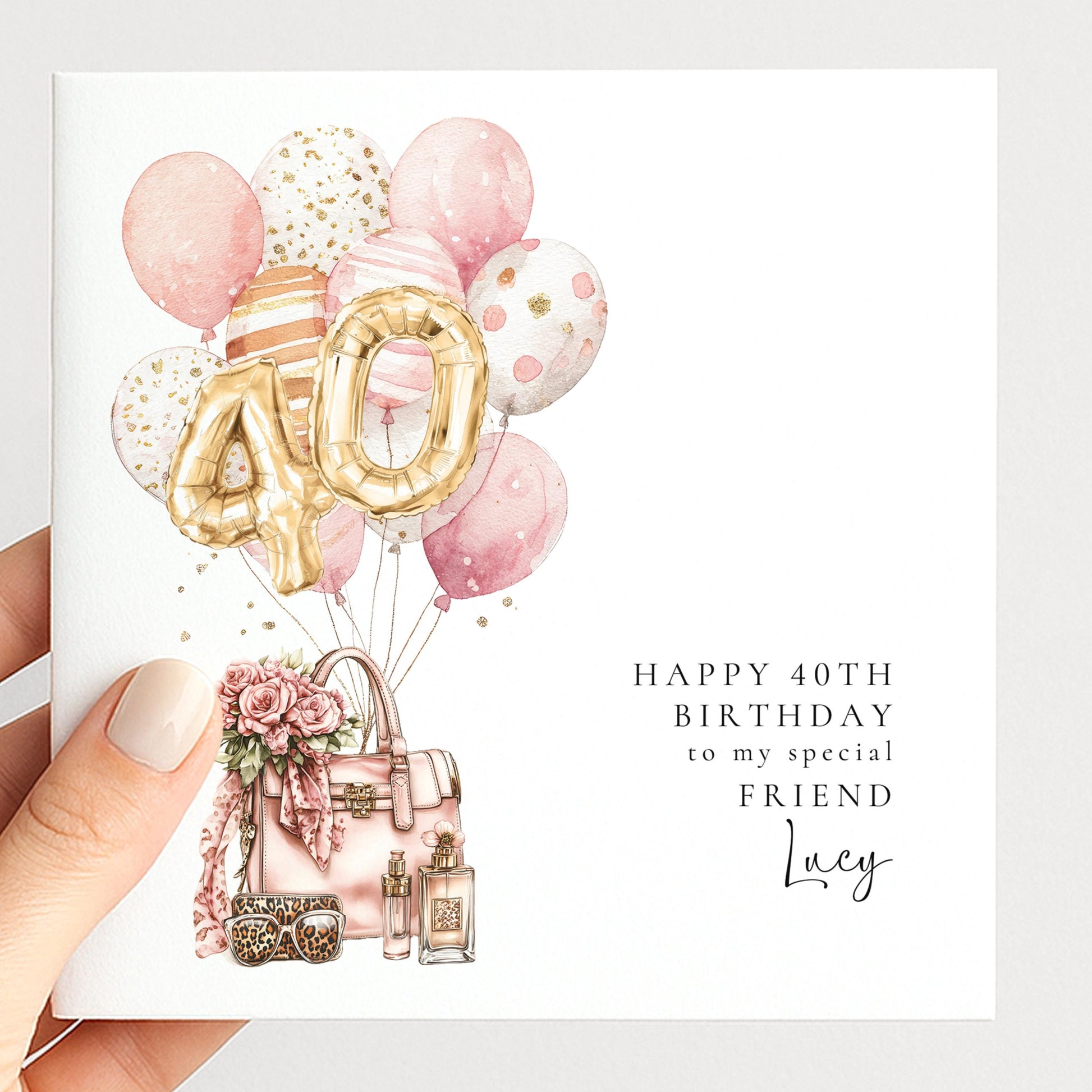 Personalised 40th Happy Birthday Card for Her Friend, Sister or Niece with Gold Numbers and Pink and Gold Balloons