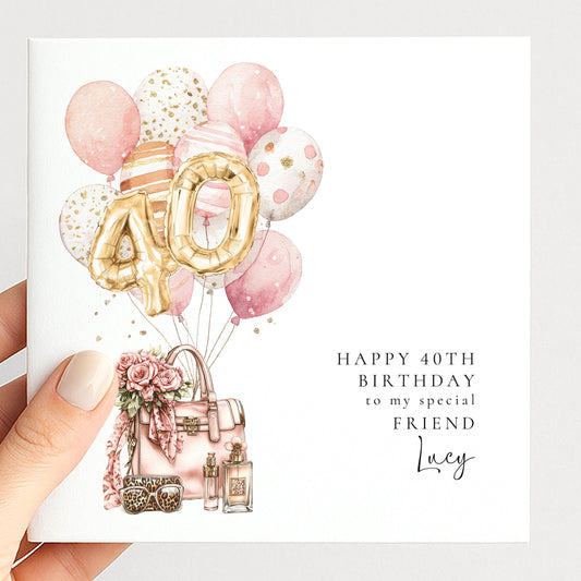 Personalised 40th Happy Birthday Card for Her Friend, Sister or Niece with Gold Numbers and Pink and Gold Balloons