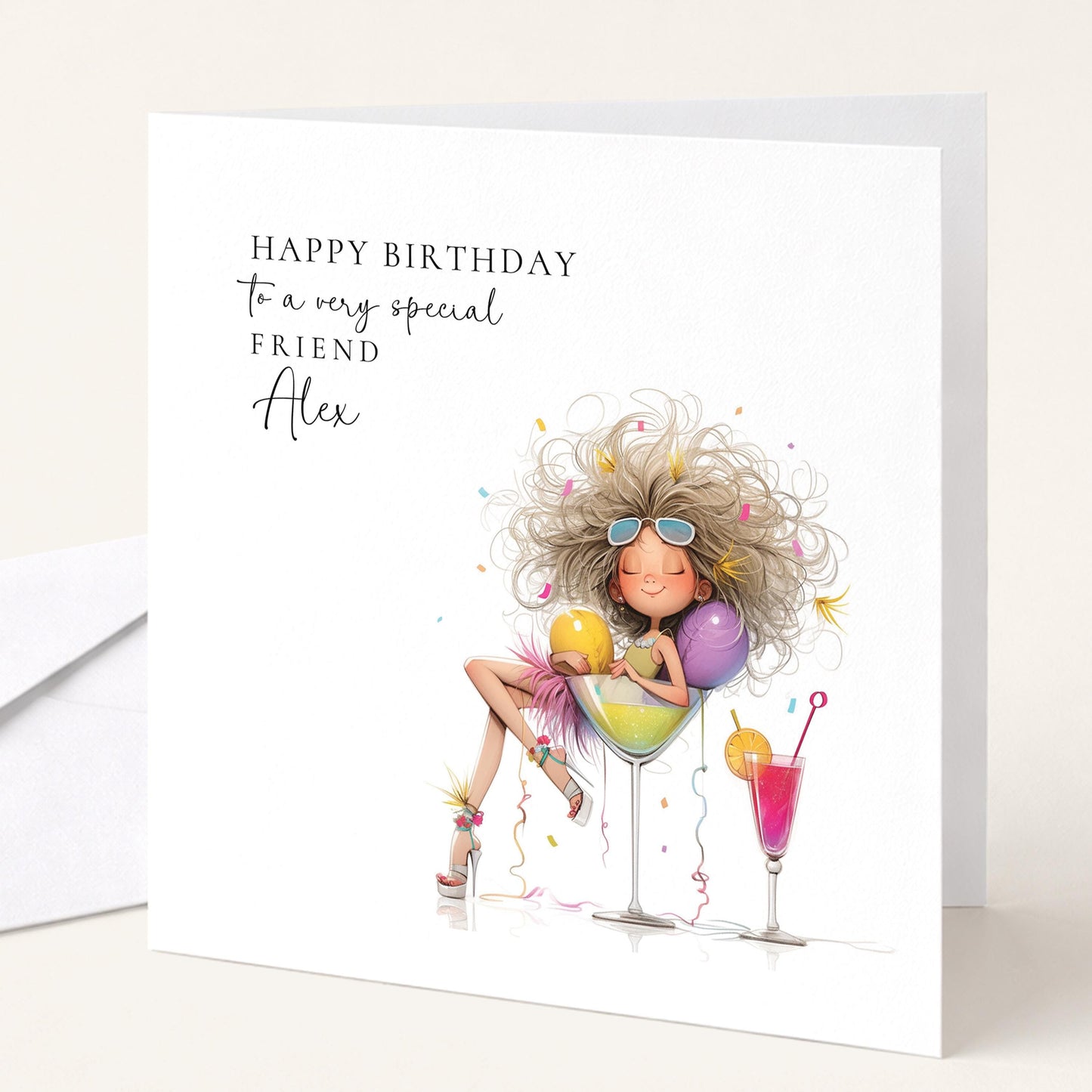 Birthday Card for Friend, Personalised Name Design, Fun Cocktail Illustration, Stylish Female Celebration Greeting