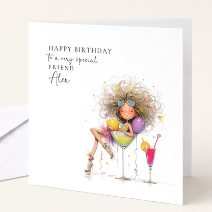 Birthday Card for Friend, Personalised Name Design, Fun Cocktail Illustration, Stylish Female Celebration Greeting