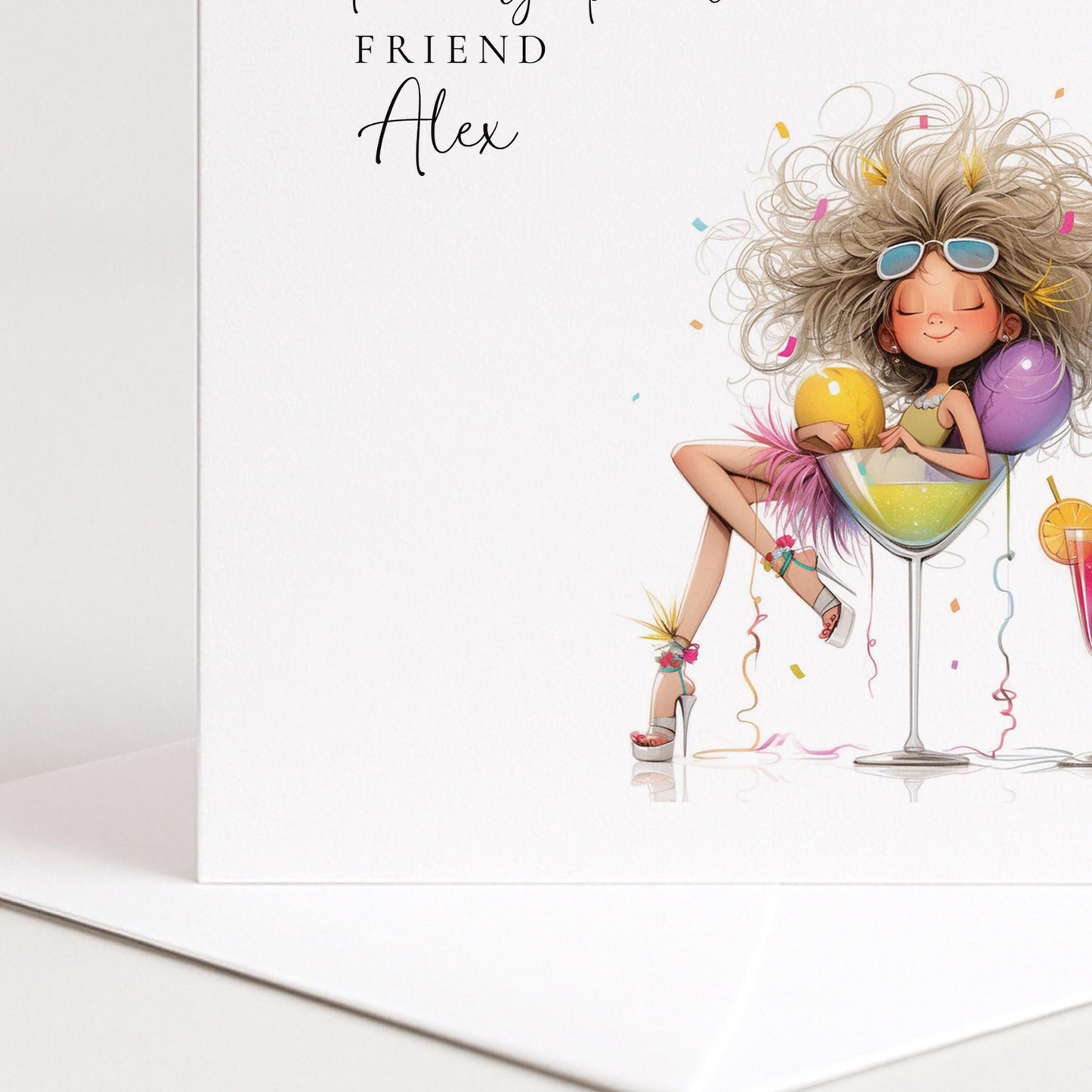 Birthday Card for Friend, Personalised Name Design, Fun Cocktail Illustration, Stylish Female Celebration Greeting