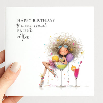 Birthday Card for Friend, Personalised Name Design, Fun Cocktail Illustration, Stylish Female Celebration Greeting