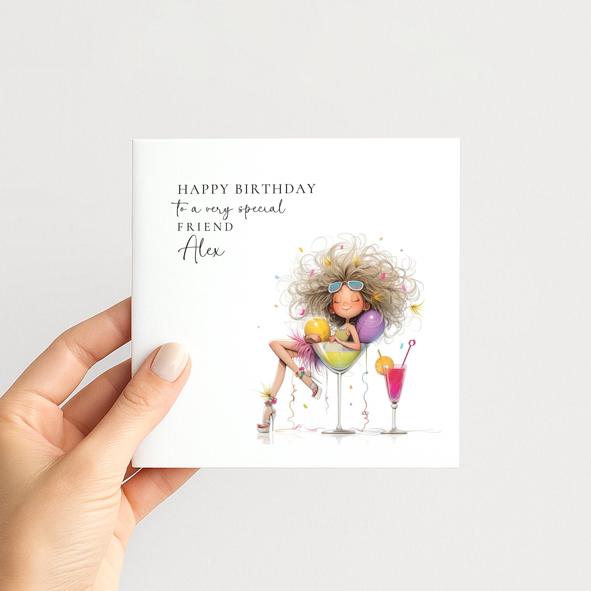 Birthday Card for Friend, Personalised Name Design, Fun Cocktail Illustration, Stylish Female Celebration Greeting