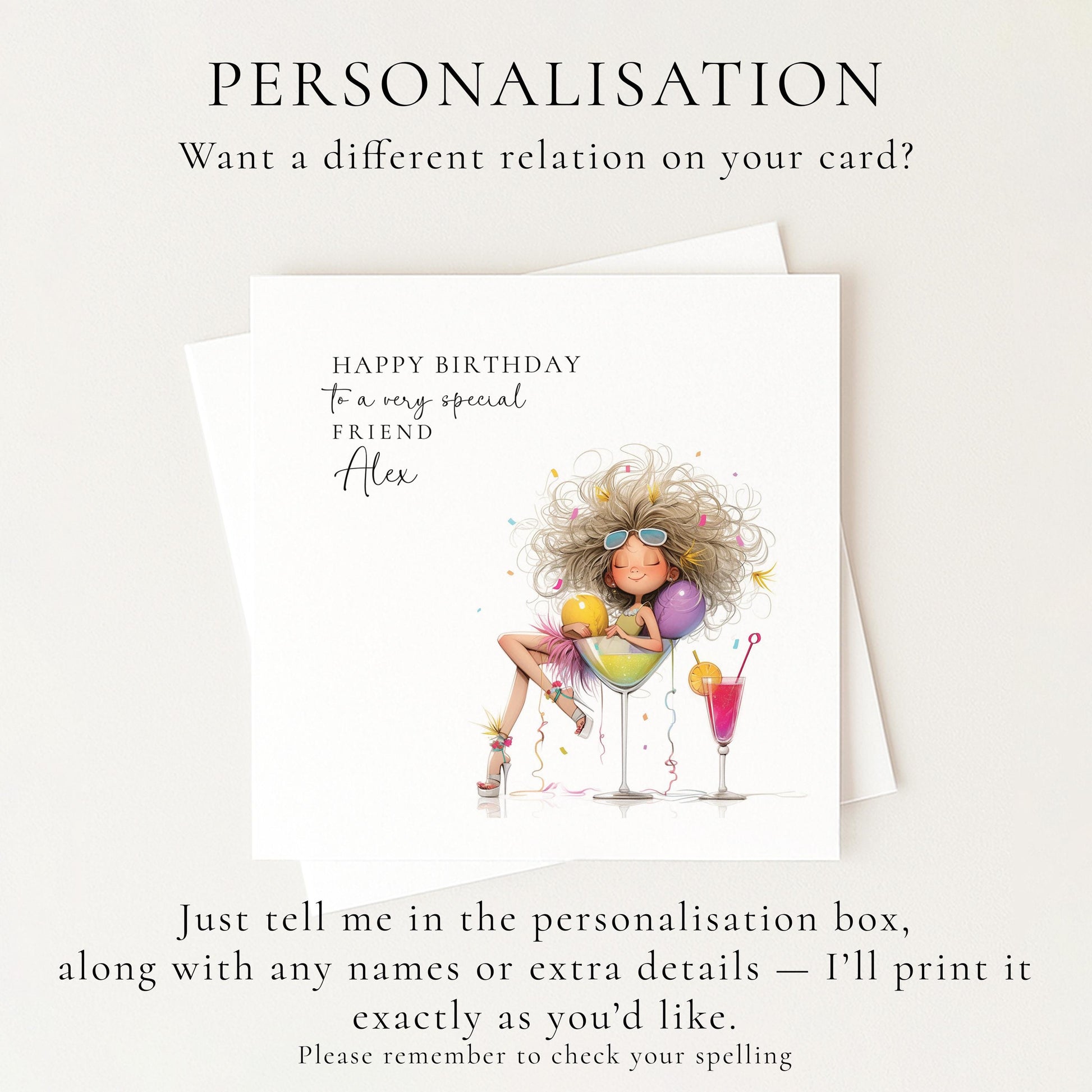 Birthday Card for Friend, Personalised Name Design, Fun Cocktail Illustration, Stylish Female Celebration Greeting