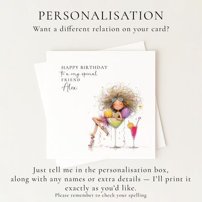 Birthday Card for Friend, Personalised Name Design, Fun Cocktail Illustration, Stylish Female Celebration Greeting