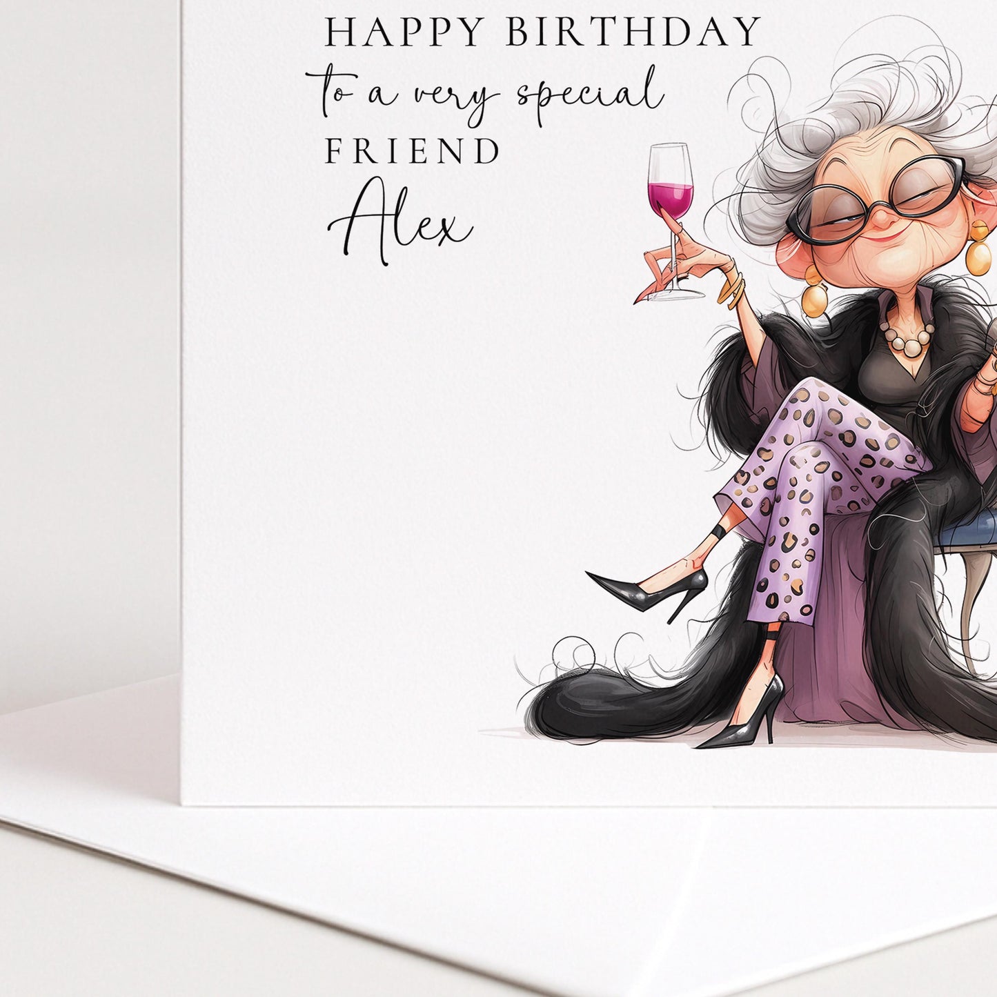 Birthday Card for Friend, Funny Fabulous Card, Personalised Name Greeting, Stylish Older Lady Illustration, Humorous Celebration