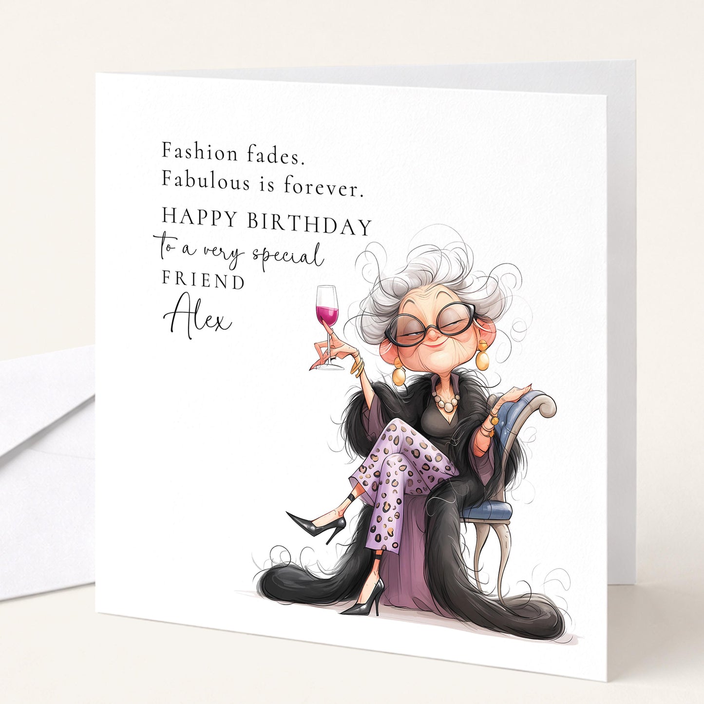 Birthday Card for Friend, Funny Fabulous Card, Personalised Name Greeting, Stylish Older Lady Illustration, Humorous Celebration