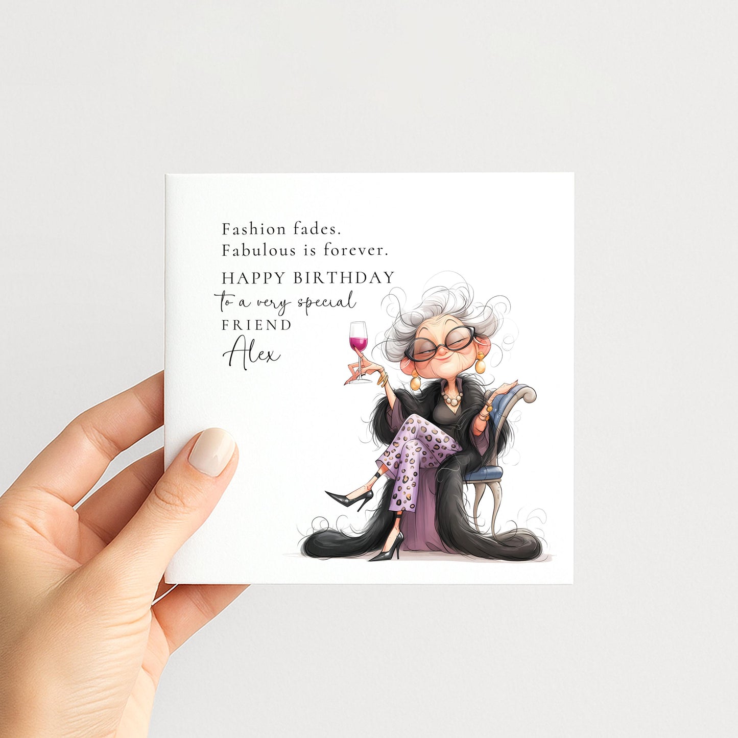 Birthday Card for Friend, Funny Fabulous Card, Personalised Name Greeting, Stylish Older Lady Illustration, Humorous Celebration