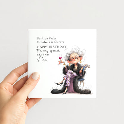 Birthday Card for Friend, Funny Fabulous Card, Personalised Name Greeting, Stylish Older Lady Illustration, Humorous Celebration