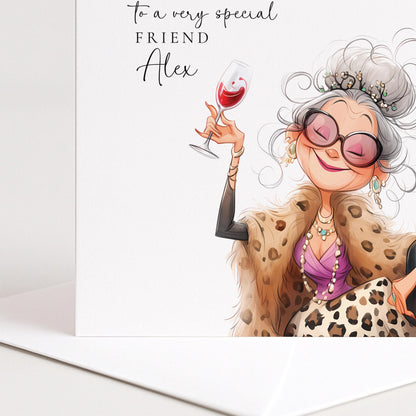 Birthday Card for Friend, Funny Glam Birthday Card, Personalised Name Design, Sassy Fashion Illustration, Humorous Celebration