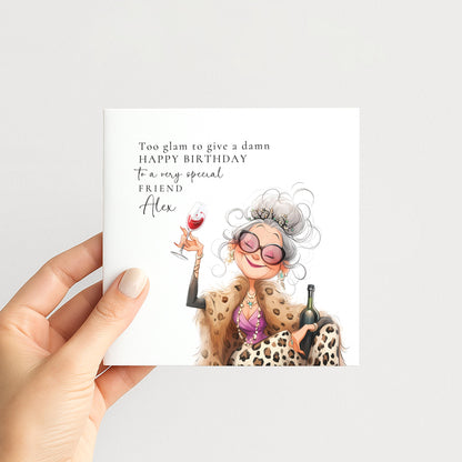 Birthday Card for Friend, Funny Glam Birthday Card, Personalised Name Design, Sassy Fashion Illustration, Humorous Celebration