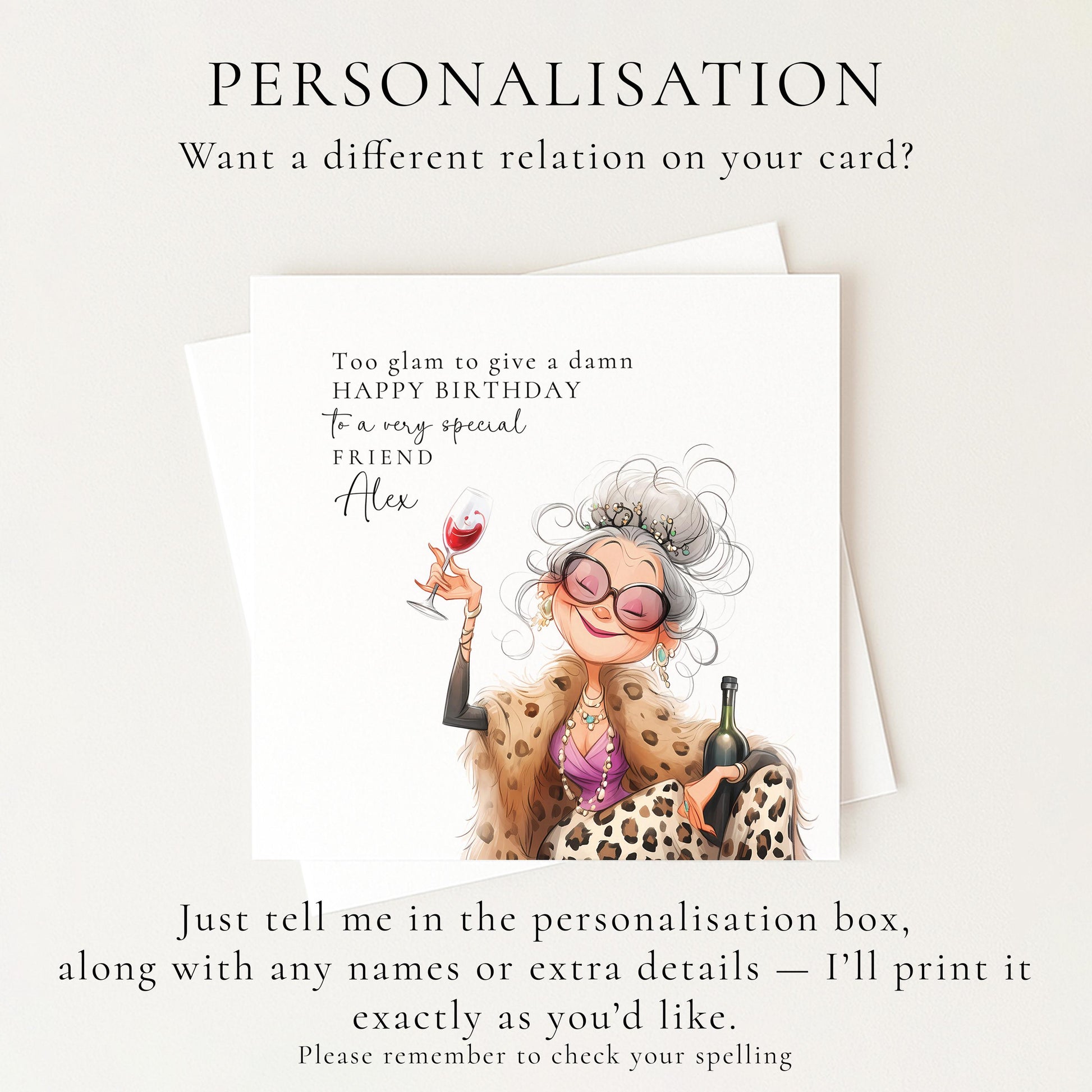 Birthday Card for Friend, Funny Glam Birthday Card, Personalised Name Design, Sassy Fashion Illustration, Humorous Celebration