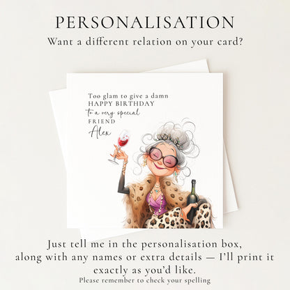Birthday Card for Friend, Funny Glam Birthday Card, Personalised Name Design, Sassy Fashion Illustration, Humorous Celebration