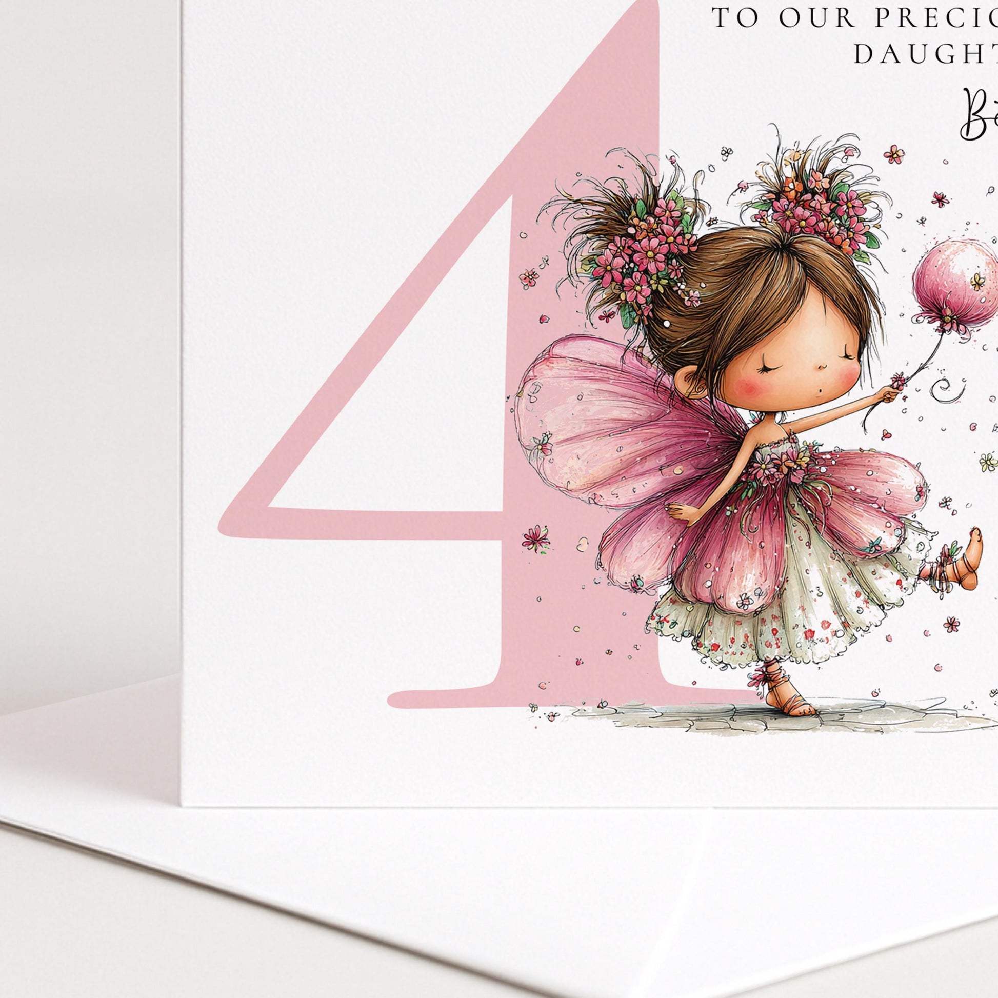Personalised 4th Birthday Card for Girl, Fairy Birthday Daughter Card, Brunette Baby Girl Age 4 Card, Custom Name Fourth Birthday Keepsake