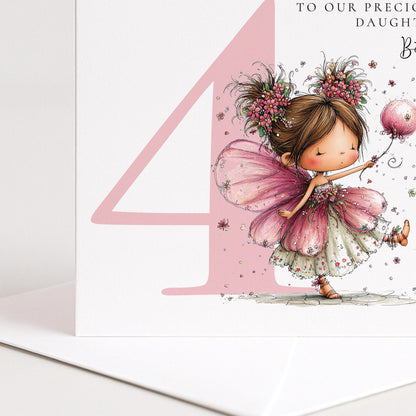 Personalised 4th Birthday Card for Girl, Fairy Birthday Daughter Card, Brunette Baby Girl Age 4 Card, Custom Name Fourth Birthday Keepsake