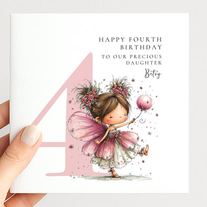 Personalised 4th Birthday Card for Girl, Fairy Birthday Daughter Card, Brunette Baby Girl Age 4 Card, Custom Name Fourth Birthday Keepsake