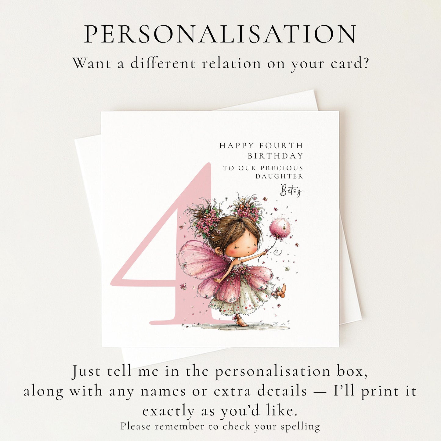 Personalised 4th Birthday Card for Girl, Fairy Birthday Daughter Card, Brunette Baby Girl Age 4 Card, Custom Name Fourth Birthday Keepsake