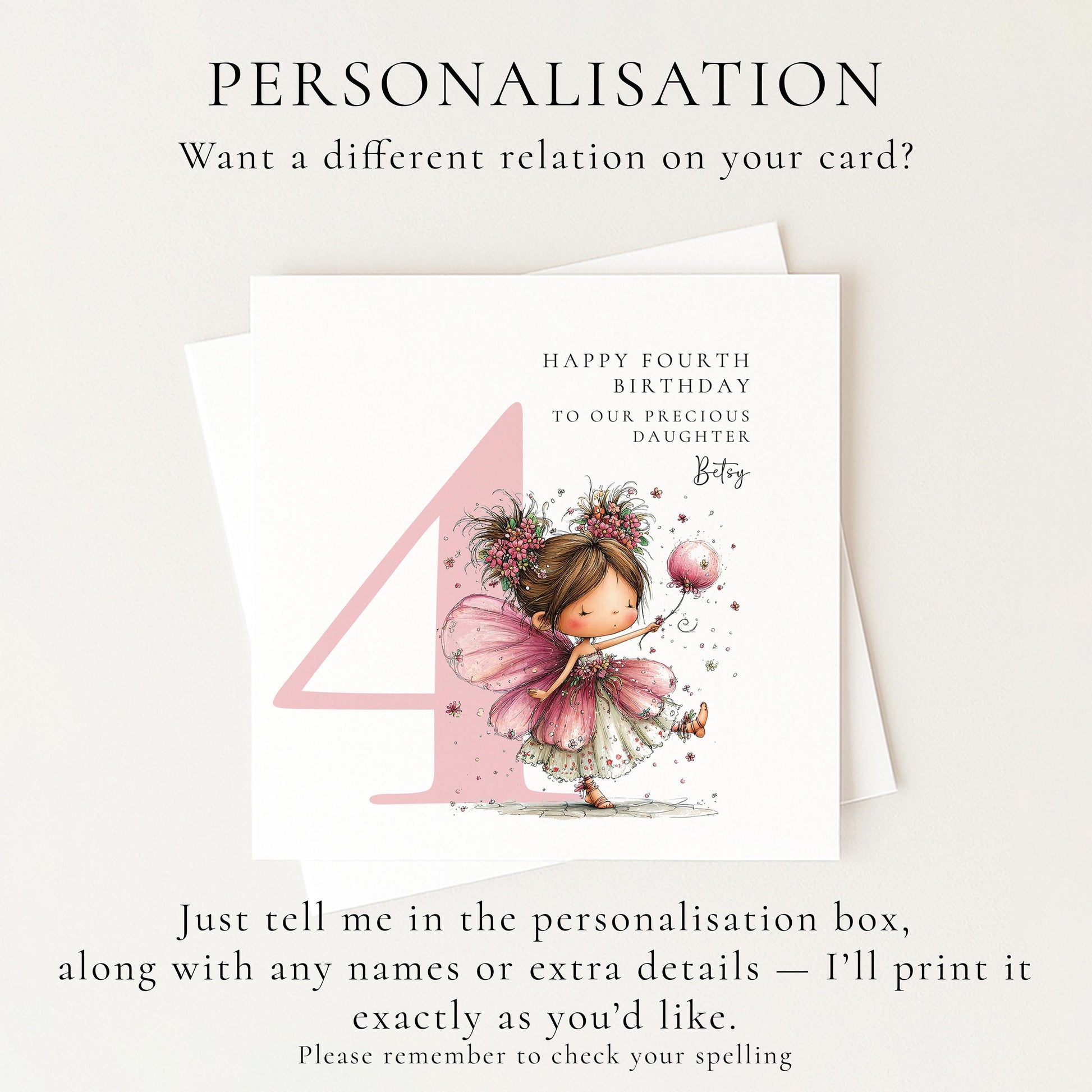 Personalised 4th Birthday Card for Girl, Fairy Birthday Daughter Card, Brunette Baby Girl Age 4 Card, Custom Name Fourth Birthday Keepsake