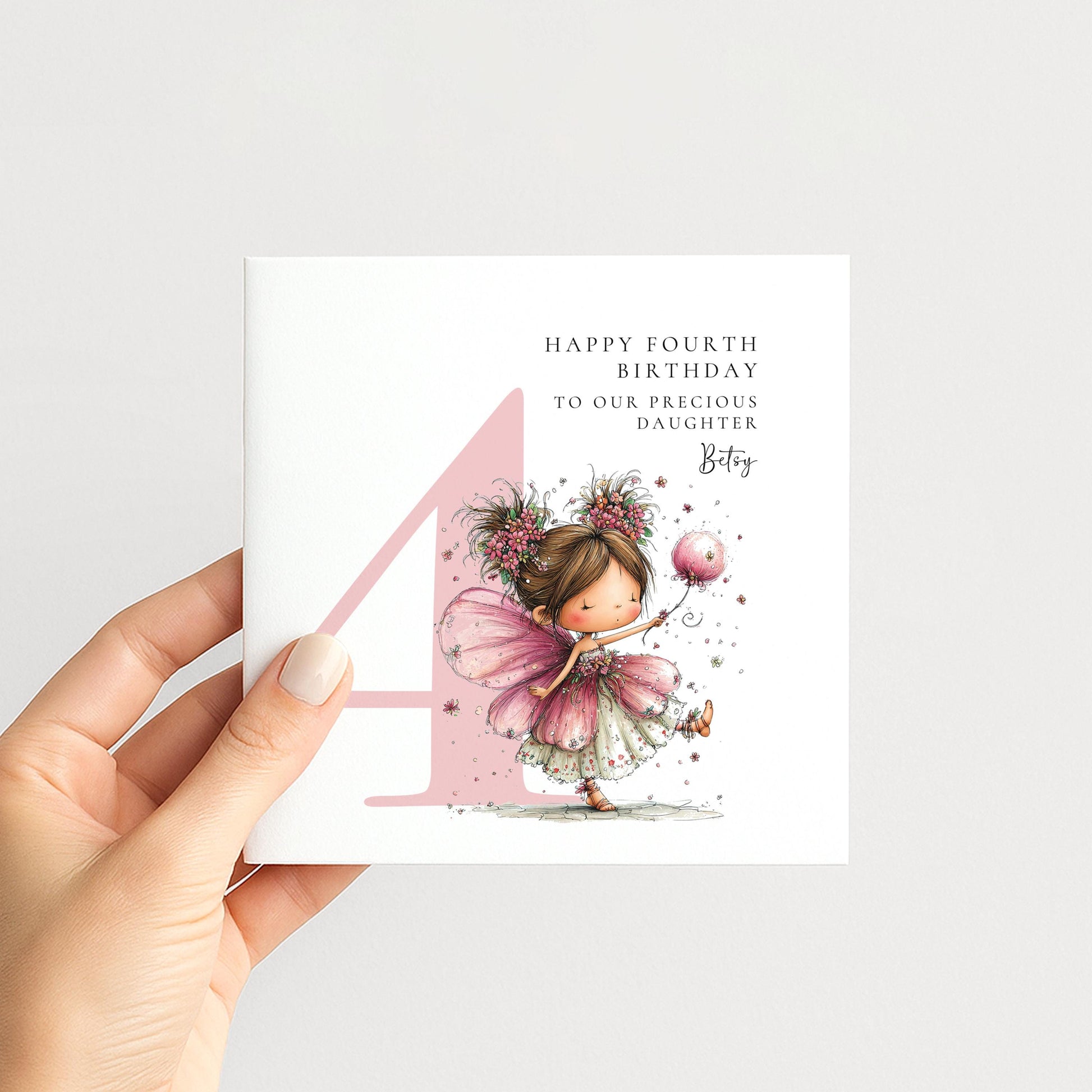Personalised 4th Birthday Card for Girl, Fairy Birthday Daughter Card, Brunette Baby Girl Age 4 Card, Custom Name Fourth Birthday Keepsake