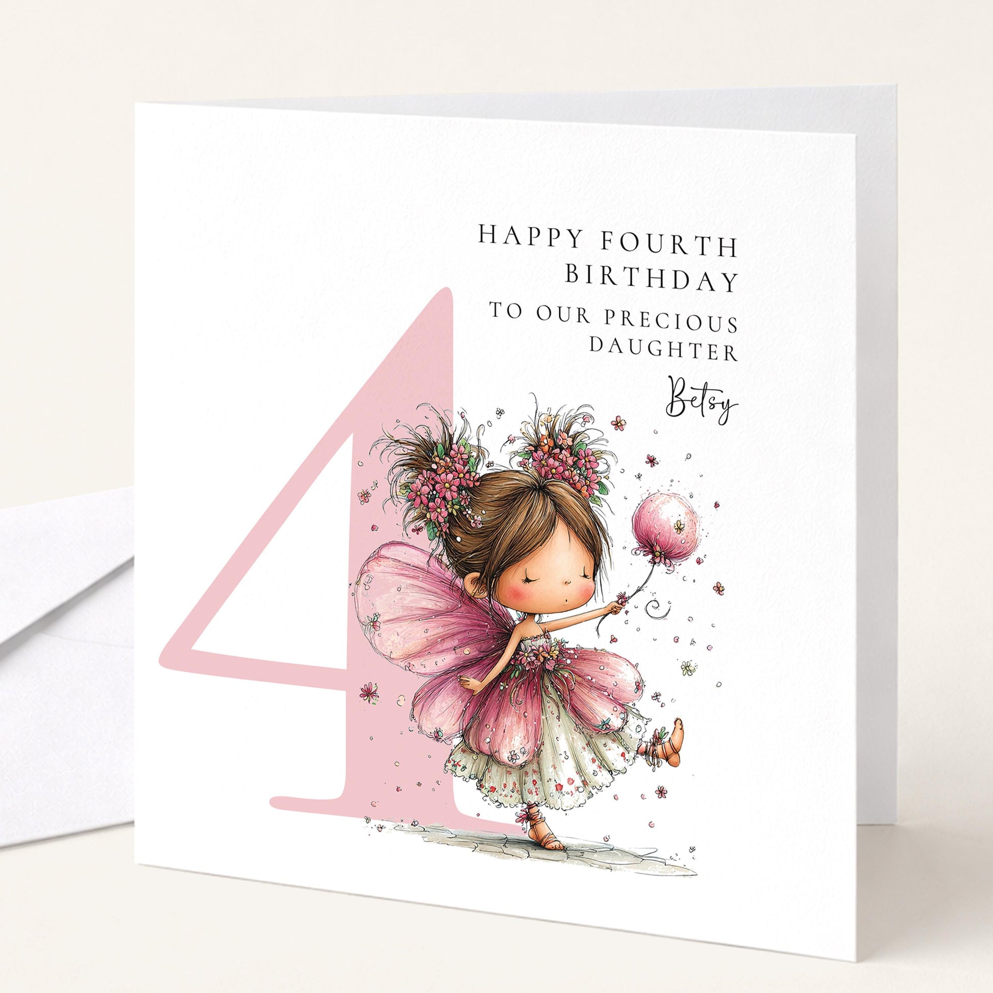 Personalised 4th Birthday Card for Girl, Fairy Birthday Daughter Card, Brunette Baby Girl Age 4 Card, Custom Name Fourth Birthday Keepsake