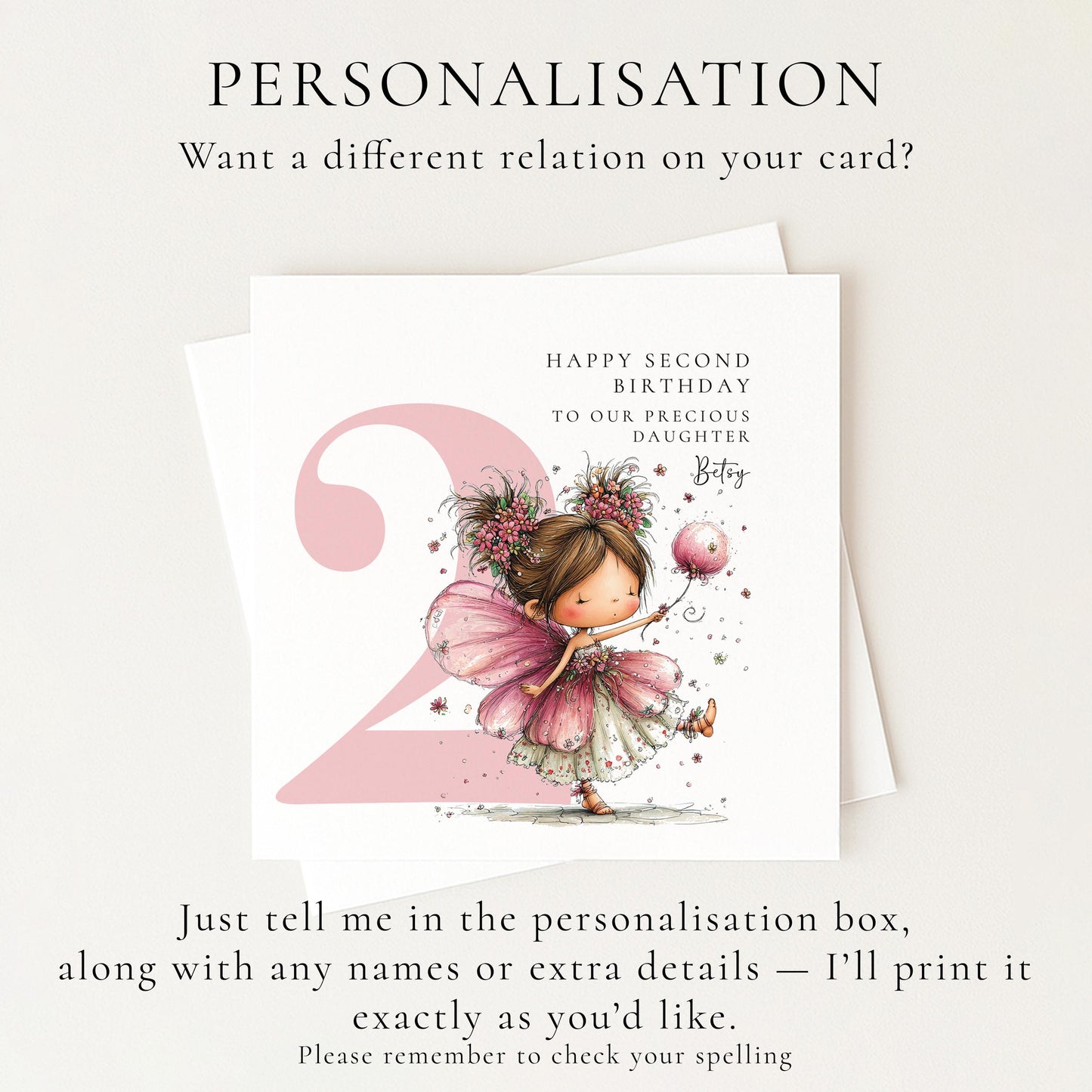 Personalised 2nd Birthday Card for Girl, Fairy Birthday Daughter Card, Brunette Baby Girl Age 2 Card, Custom Name Second Birthday Keepsake