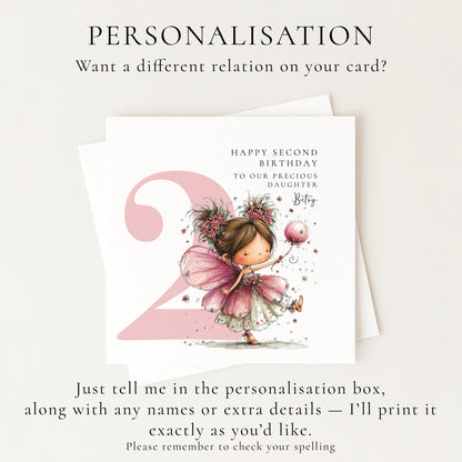 Personalised 2nd Birthday Card for Girl, Fairy Birthday Daughter Card, Brunette Baby Girl Age 2 Card, Custom Name Second Birthday Keepsake