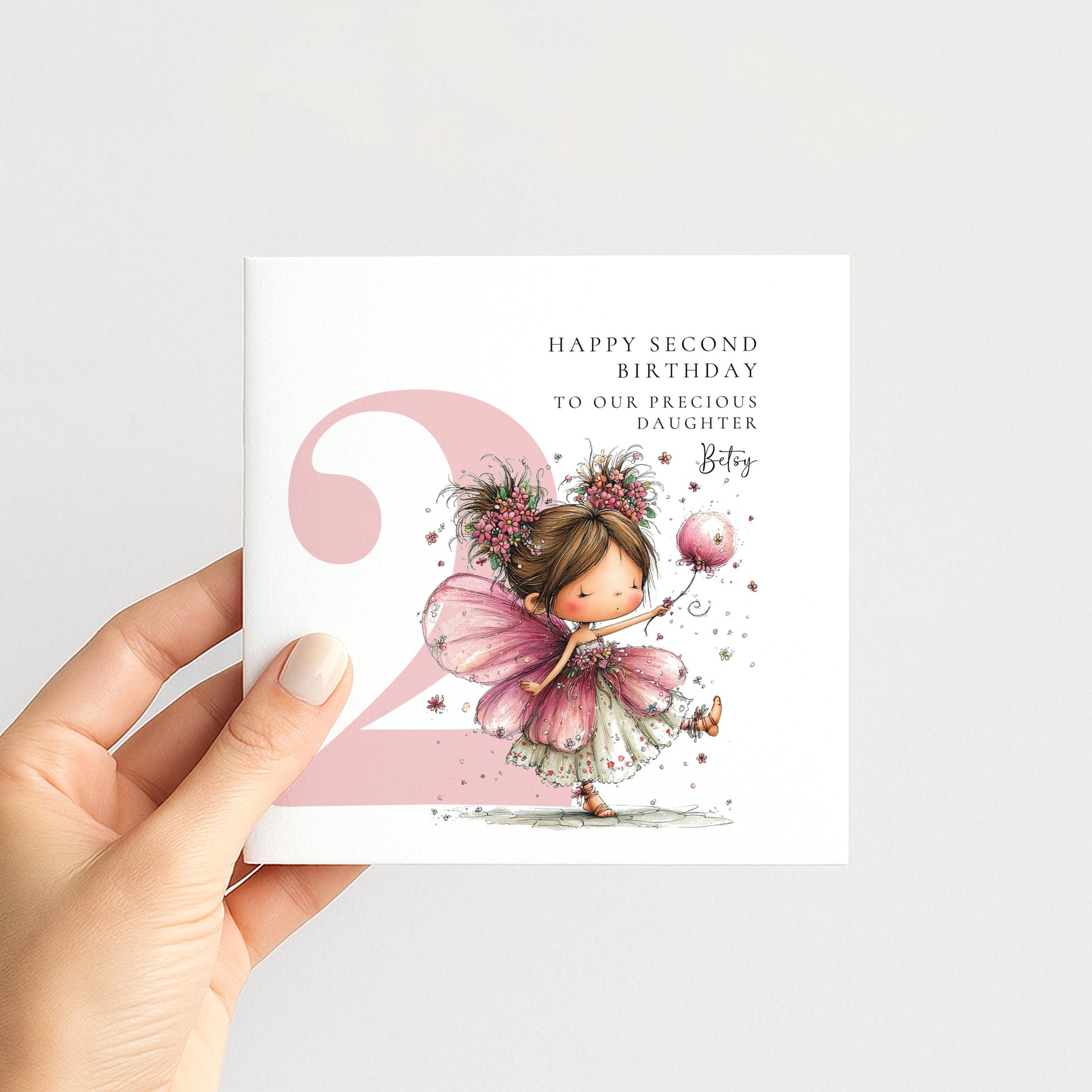Personalised 2nd Birthday Card for Girl, Fairy Birthday Daughter Card, Brunette Baby Girl Age 2 Card, Custom Name Second Birthday Keepsake