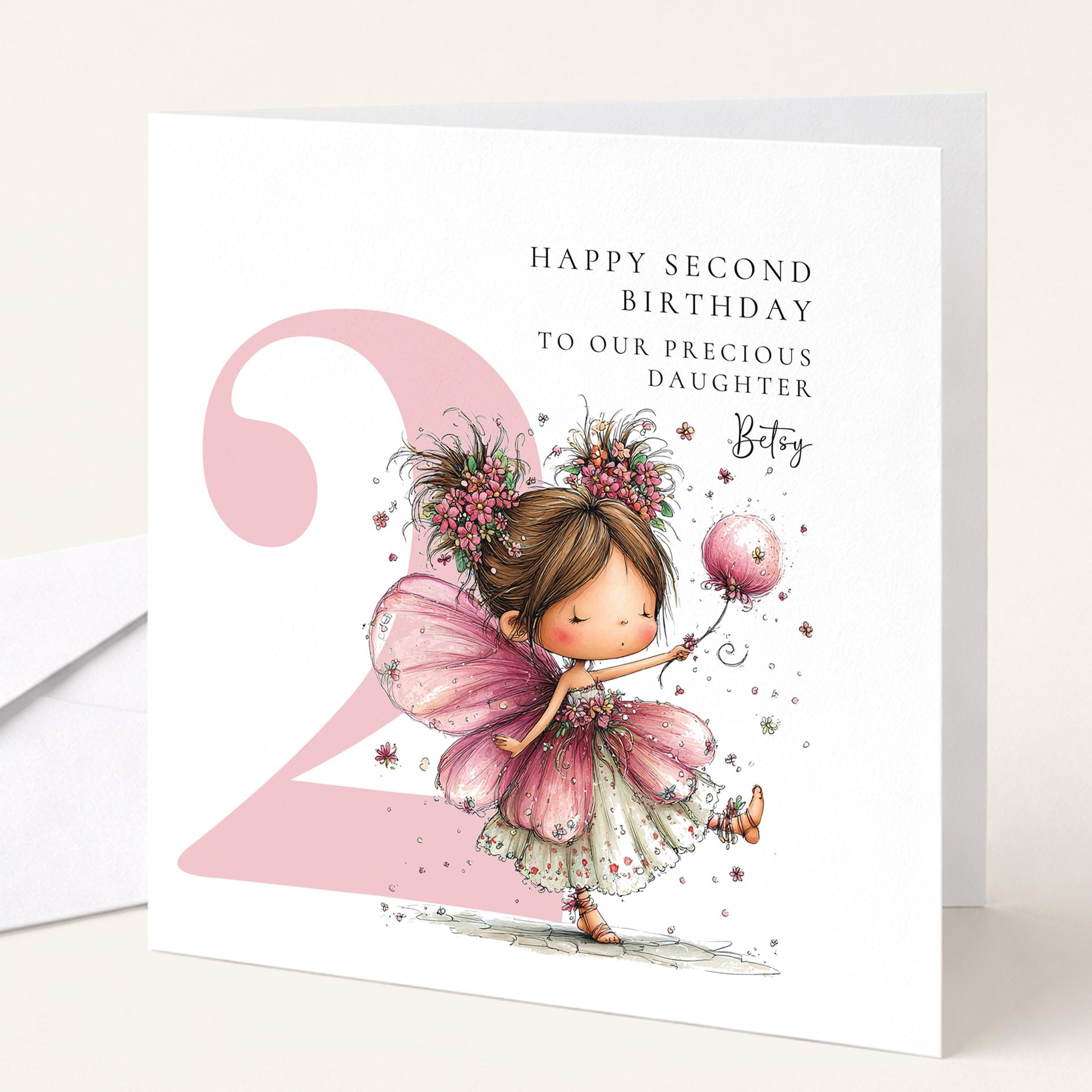 Personalised 2nd Birthday Card for Girl, Fairy Birthday Daughter Card, Brunette Baby Girl Age 2 Card, Custom Name Second Birthday Keepsake