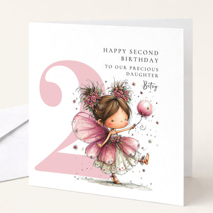 Personalised 2nd Birthday Card for Girl, Fairy Birthday Daughter Card, Brunette Baby Girl Age 2 Card, Custom Name Second Birthday Keepsake