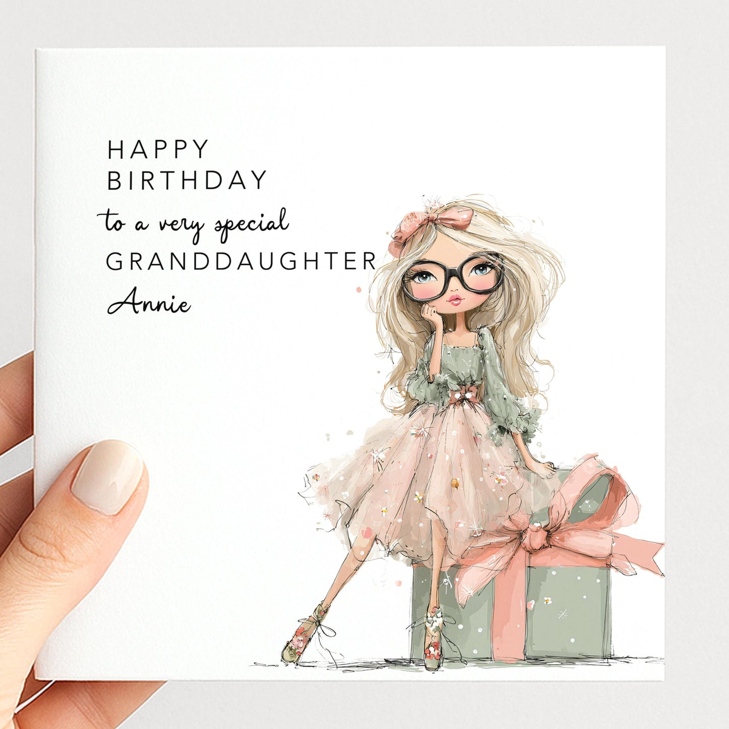 Granddaughter Birthday Card, Personalised Birthday Card for Daughter, Cute Girl with Glasses Design, Custom Name Birthday Greeting