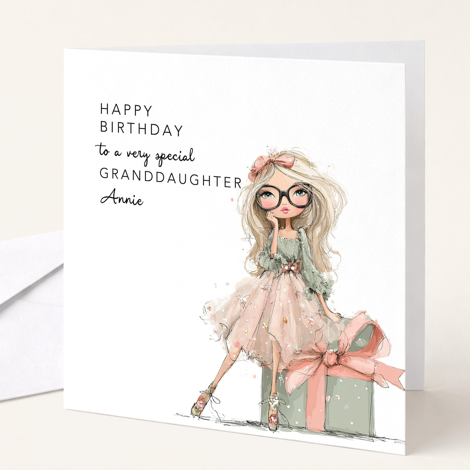 Granddaughter Birthday Card, Personalised Birthday Card for Daughter, Cute Girl with Glasses Design, Custom Name Birthday Greeting