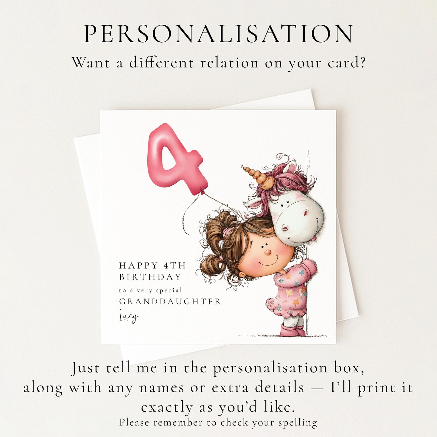 4th Birthday Card for Daughter, Cute Unicorn Birthday Card, Girls Birthday Card, Personalised Daughter Birthday Card