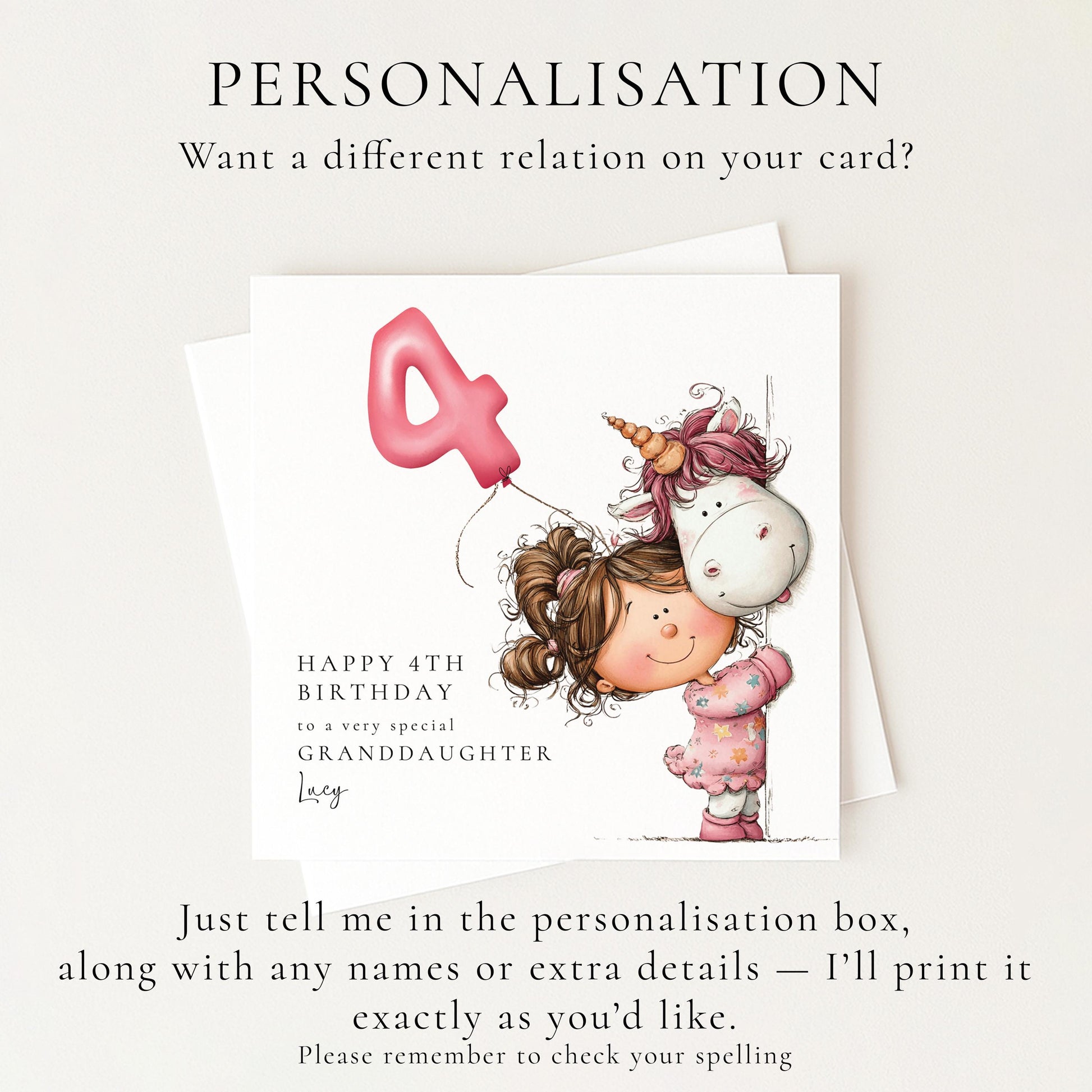 4th Birthday Card for Daughter, Cute Unicorn Birthday Card, Girls Birthday Card, Personalised Daughter Birthday Card