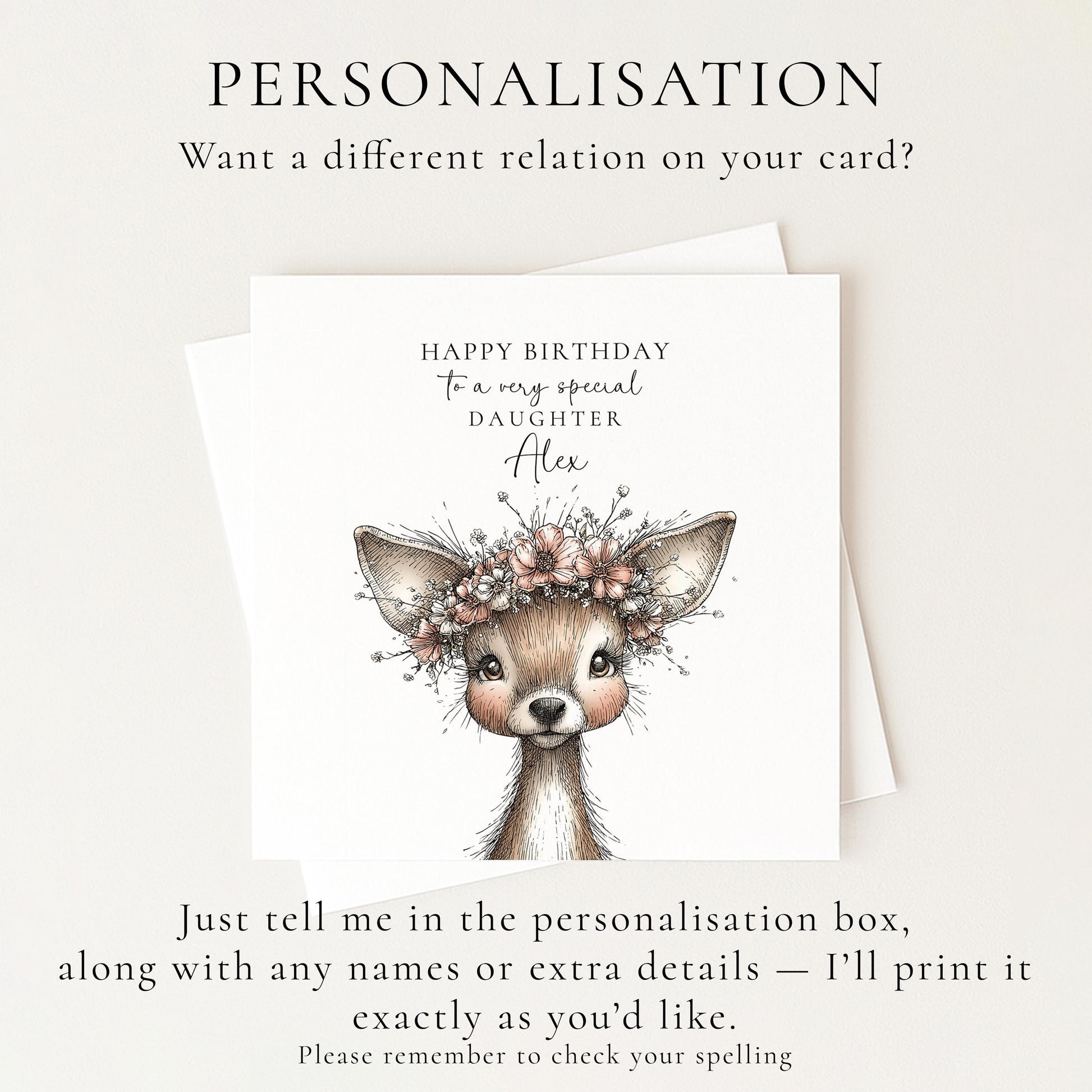 Birthday Card for Daughter, Personalised Name Card, Cute Deer Illustration, Floral Crown Design, Thoughtful Birthday Greeting