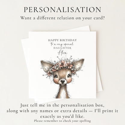 Birthday Card for Daughter, Personalised Name Card, Cute Deer Illustration, Floral Crown Design, Thoughtful Birthday Greeting