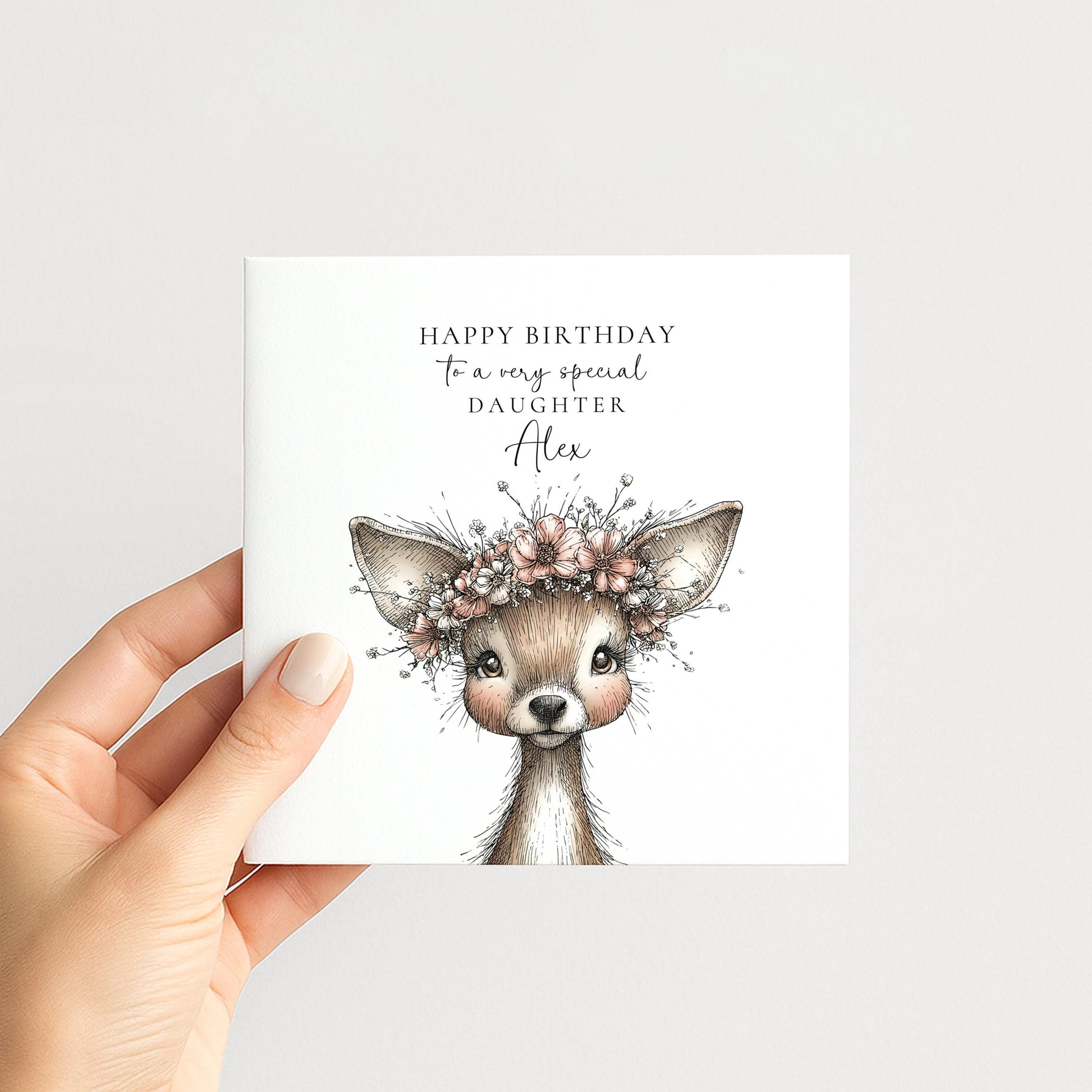 Birthday Card for Daughter, Personalised Name Card, Cute Deer Illustration, Floral Crown Design, Thoughtful Birthday Greeting