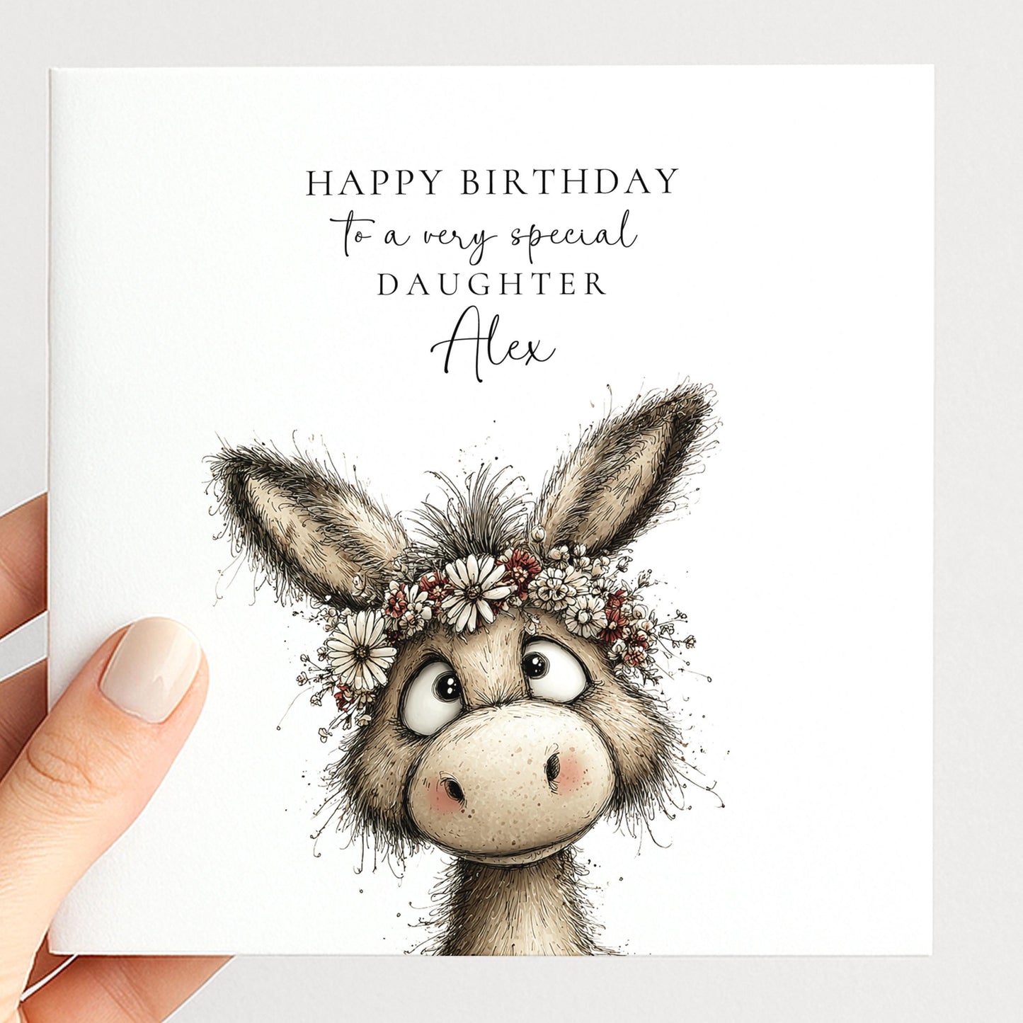 Birthday Card for Daughter, Personalised Name Card, Cute Donkey Illustration, Floral Crown Design, Thoughtful Birthday Greeting