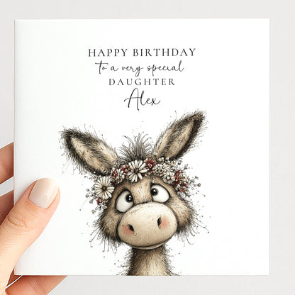 Birthday Card for Daughter, Personalised Name Card, Cute Donkey Illustration, Floral Crown Design, Thoughtful Birthday Greeting